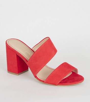 Wide Fit Red Strappy Block Heel Mules 
