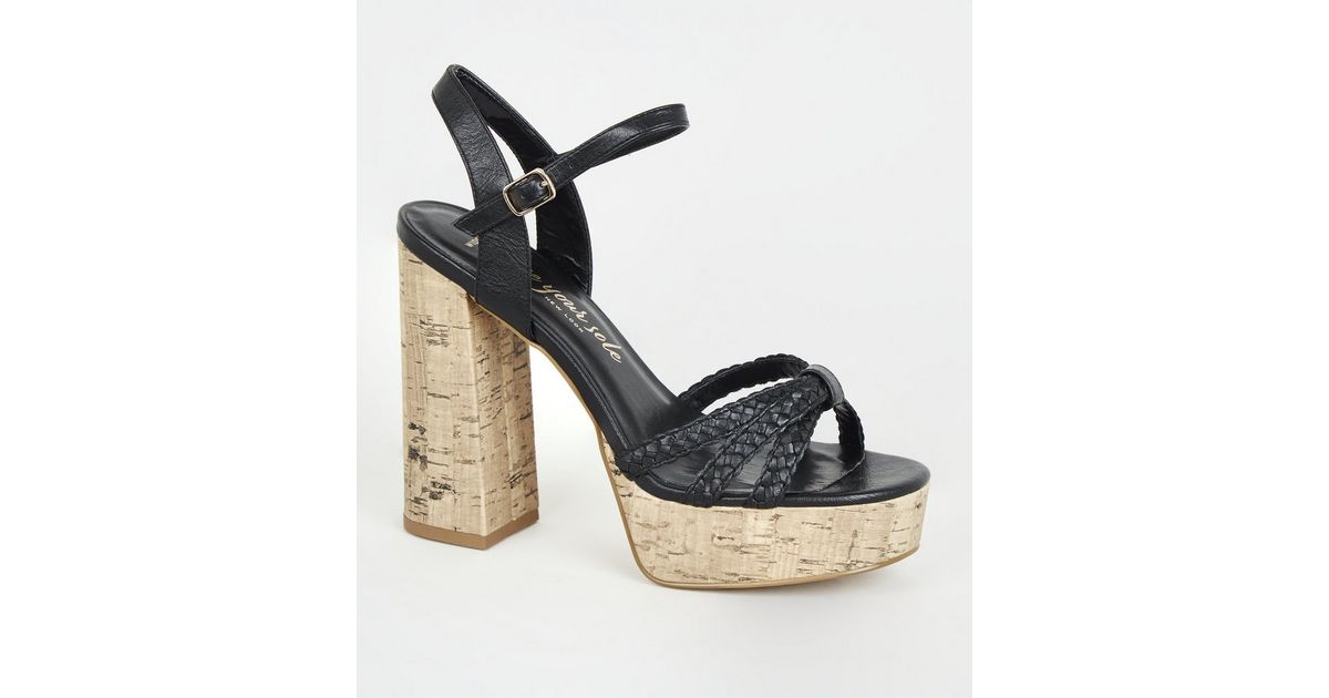 Wide Fit Black Woven Strap Cork Heels New Look
