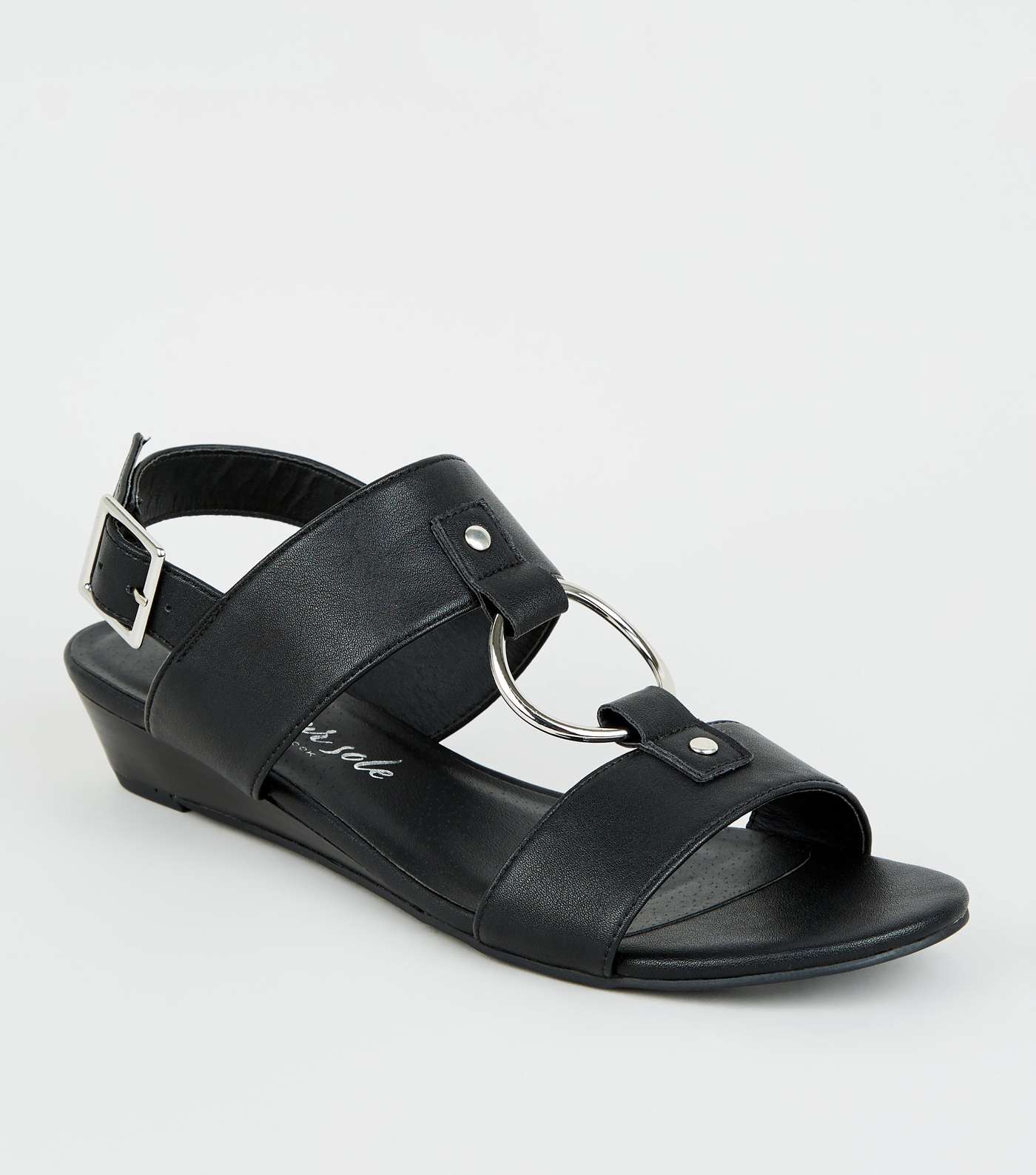 Black Leather-Look Ring Strap Wedge Sandals