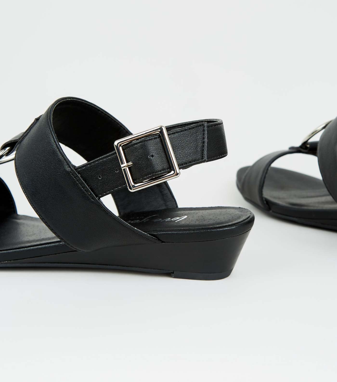 Black Leather-Look Ring Strap Wedge Sandals Image 3