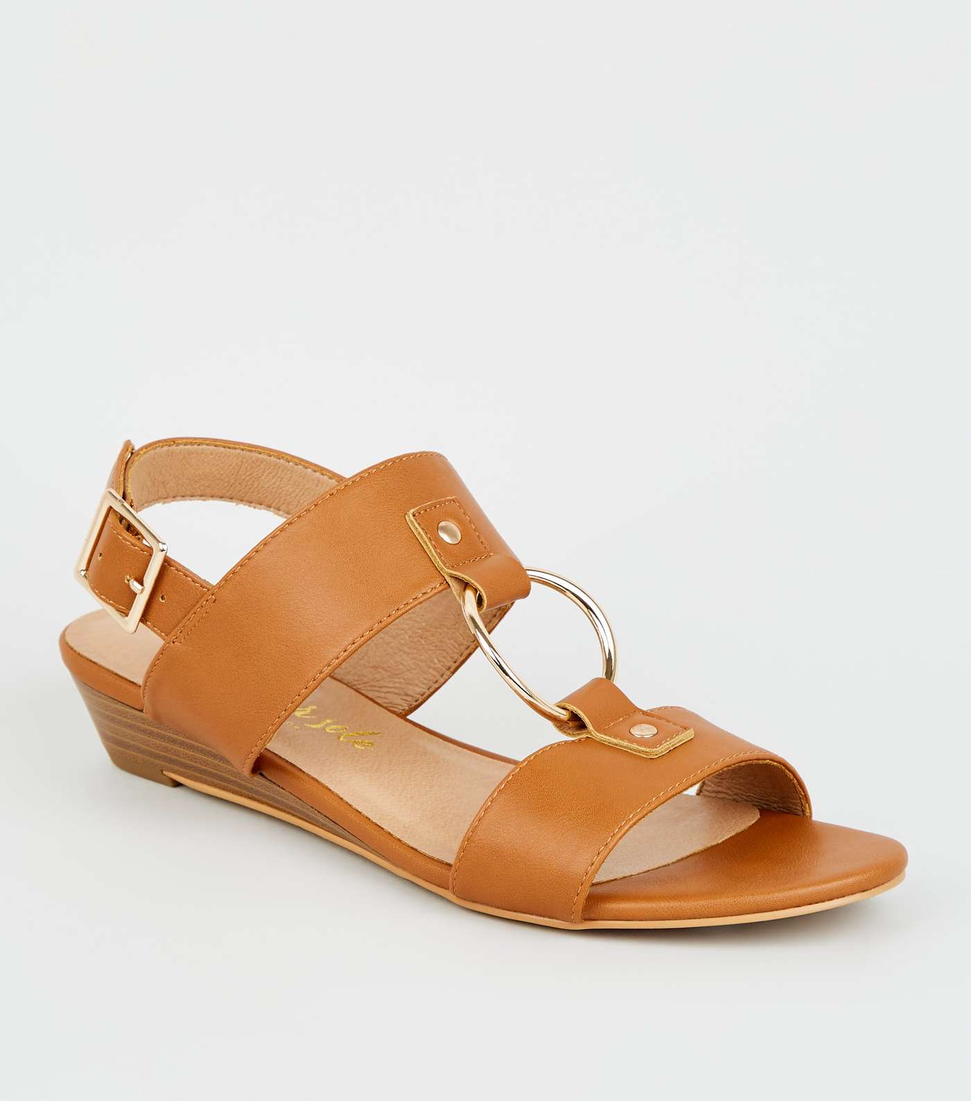 Tan Leather-Look Ring Strap Wedge Sandals