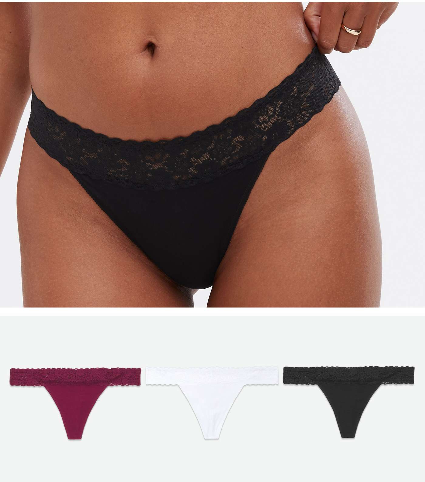 3 Pack Black White and Burgundy Lace Waist Thongs