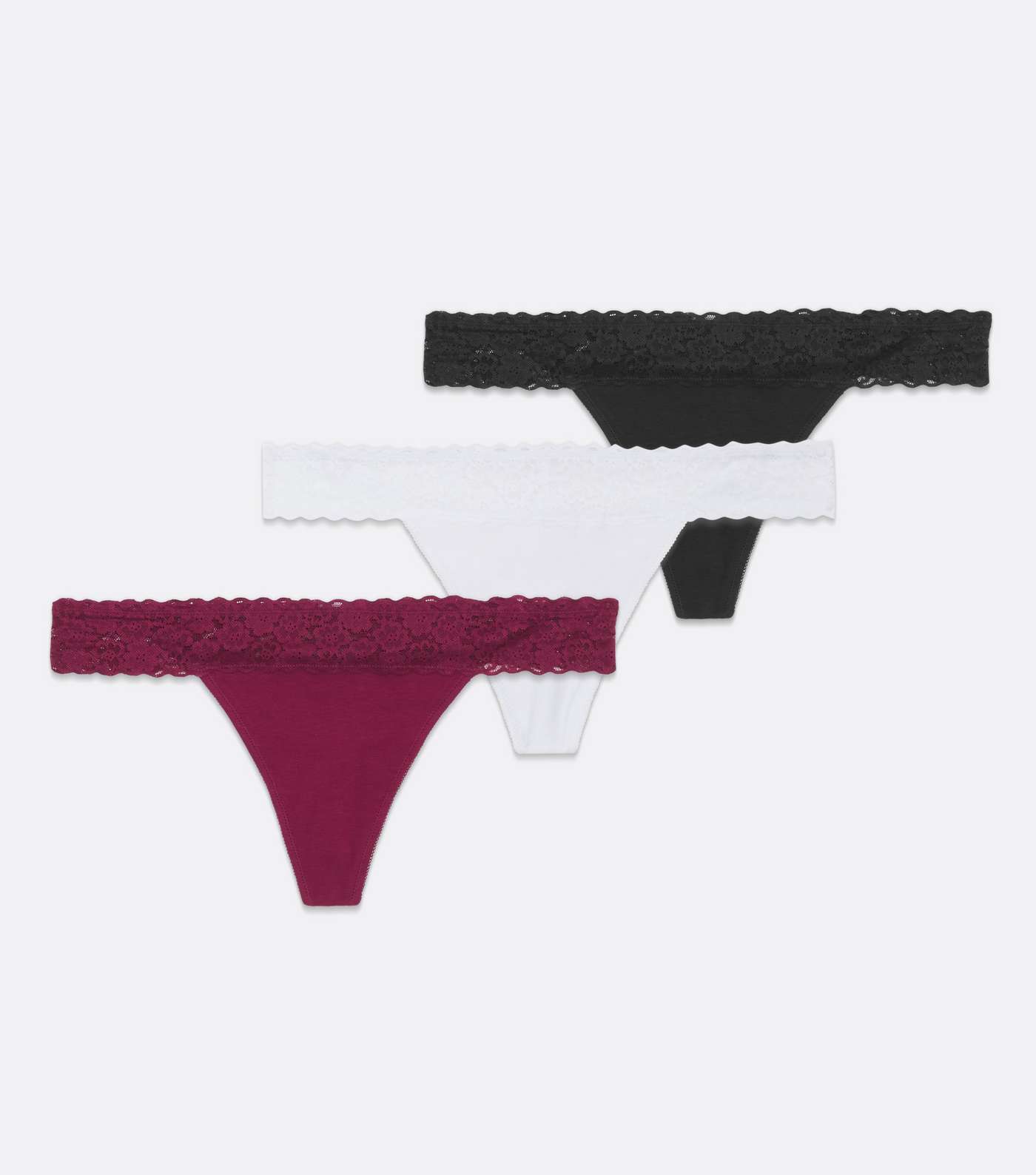 3 Pack Black White and Burgundy Lace Waist Thongs Image 5