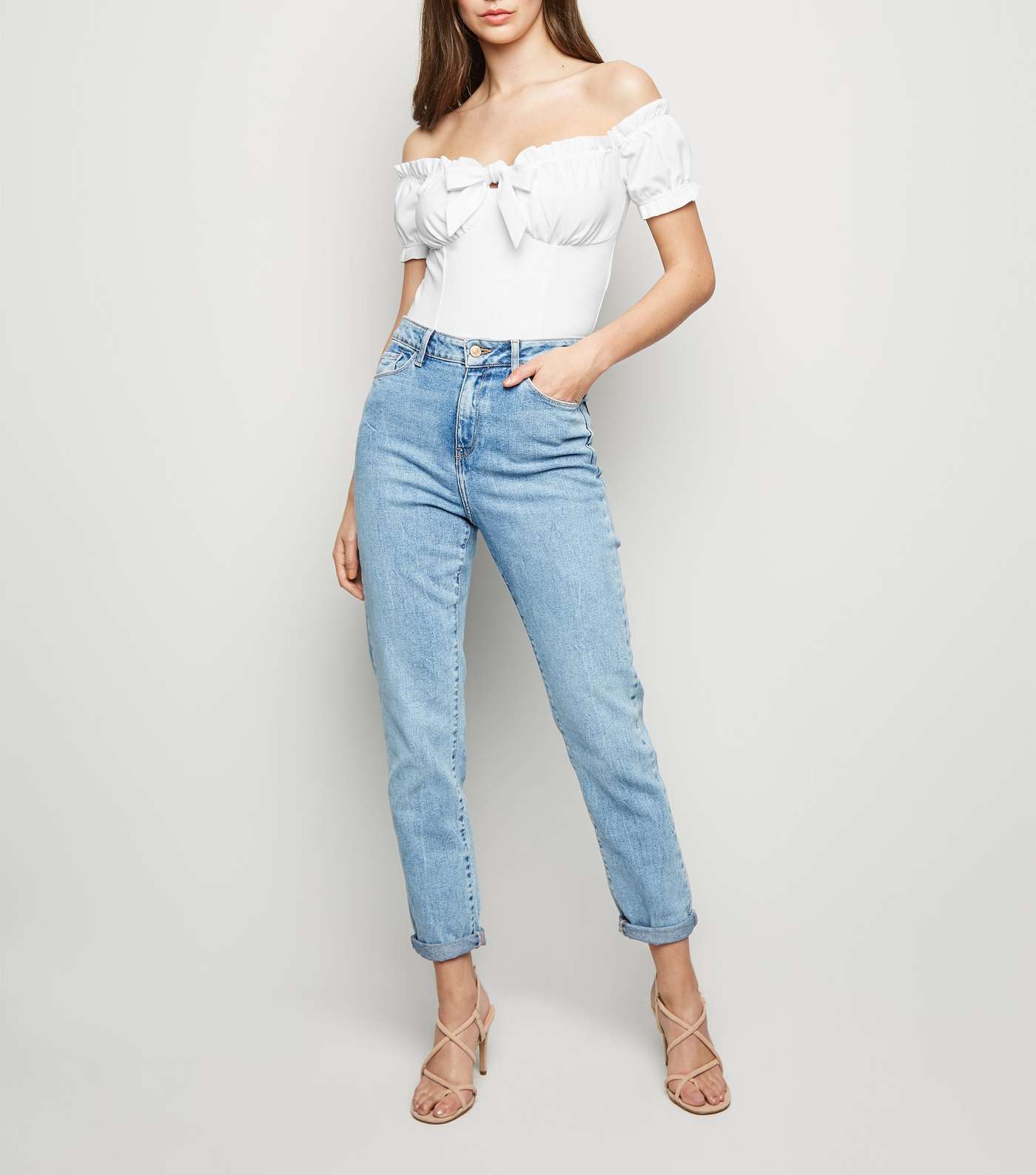 White Bow Front Bardot Crop Top Image 2