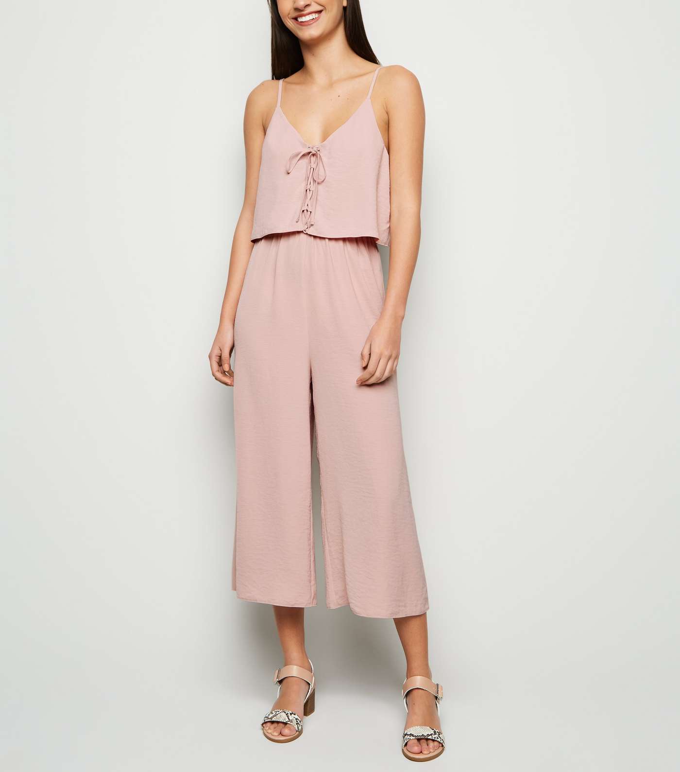 Pink Lace Up Layered Culotte Jumpsuit