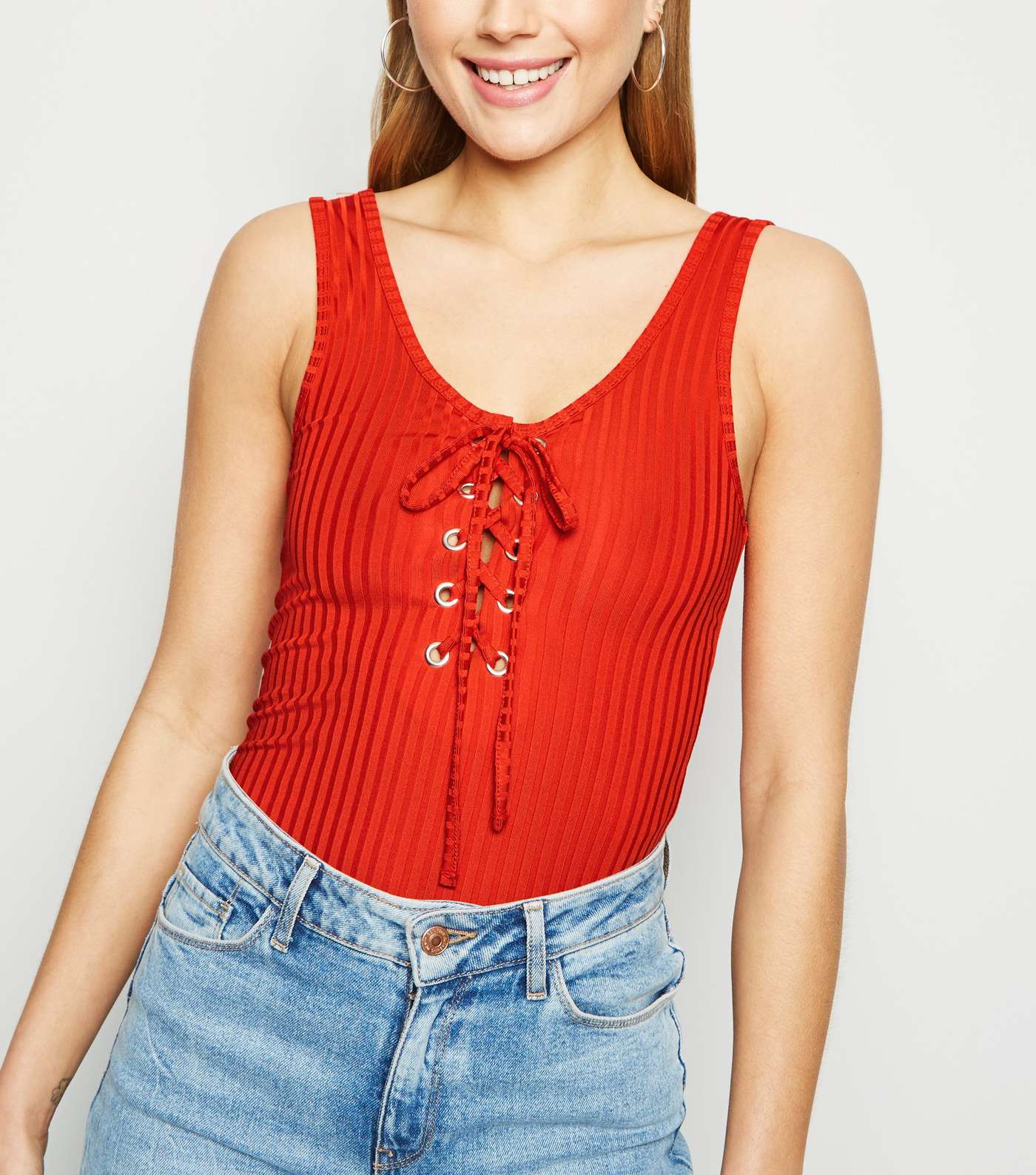 Red Lace Up Front Bodysuit