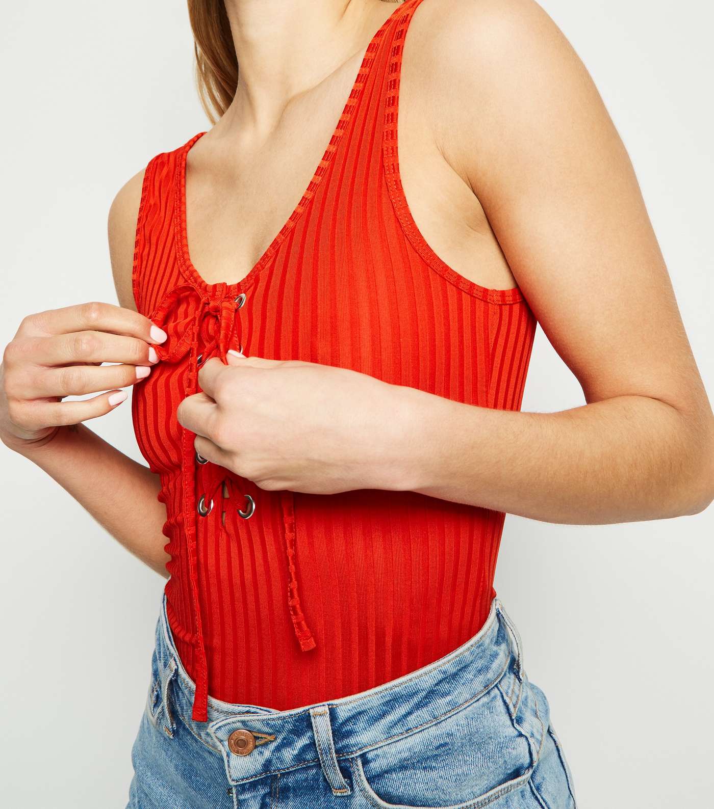Red Lace Up Front Bodysuit Image 5