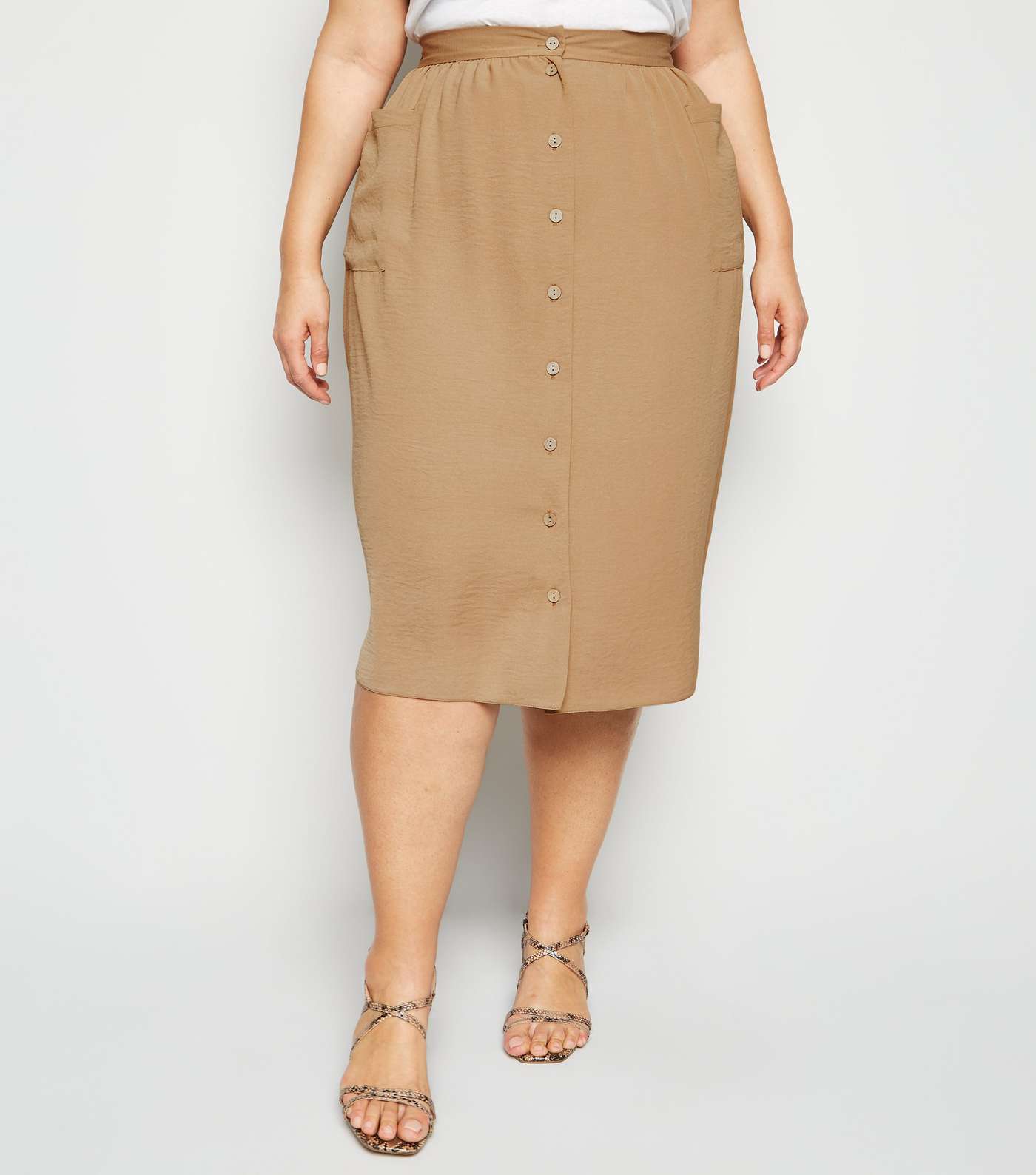 Curves Camel Crepe Button Up Midi Skirt Image 2