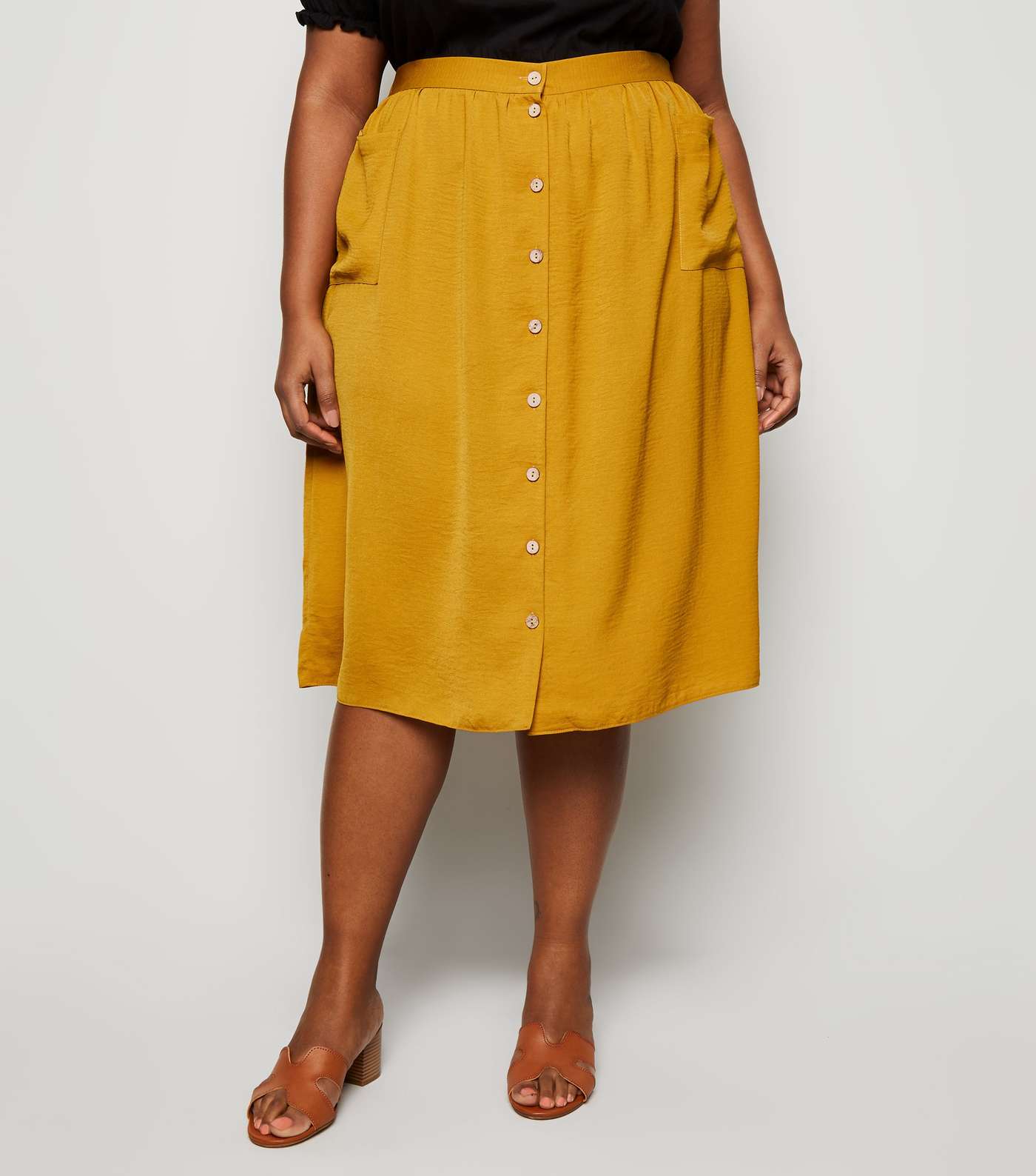 Curves Mustard Crepe Button Up Midi Skirt Image 2