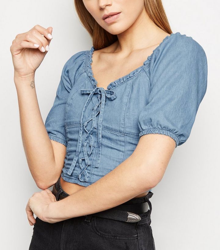 Blaues Dirndl Top Aus Denim Mit Schnurung New Look