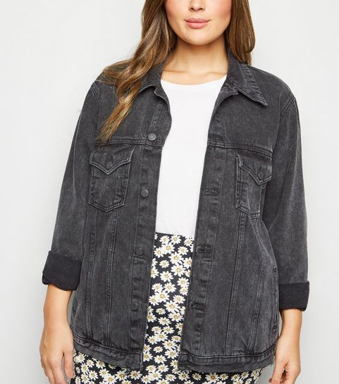 Curves Black Acid Wash Oversized Denim Jacket