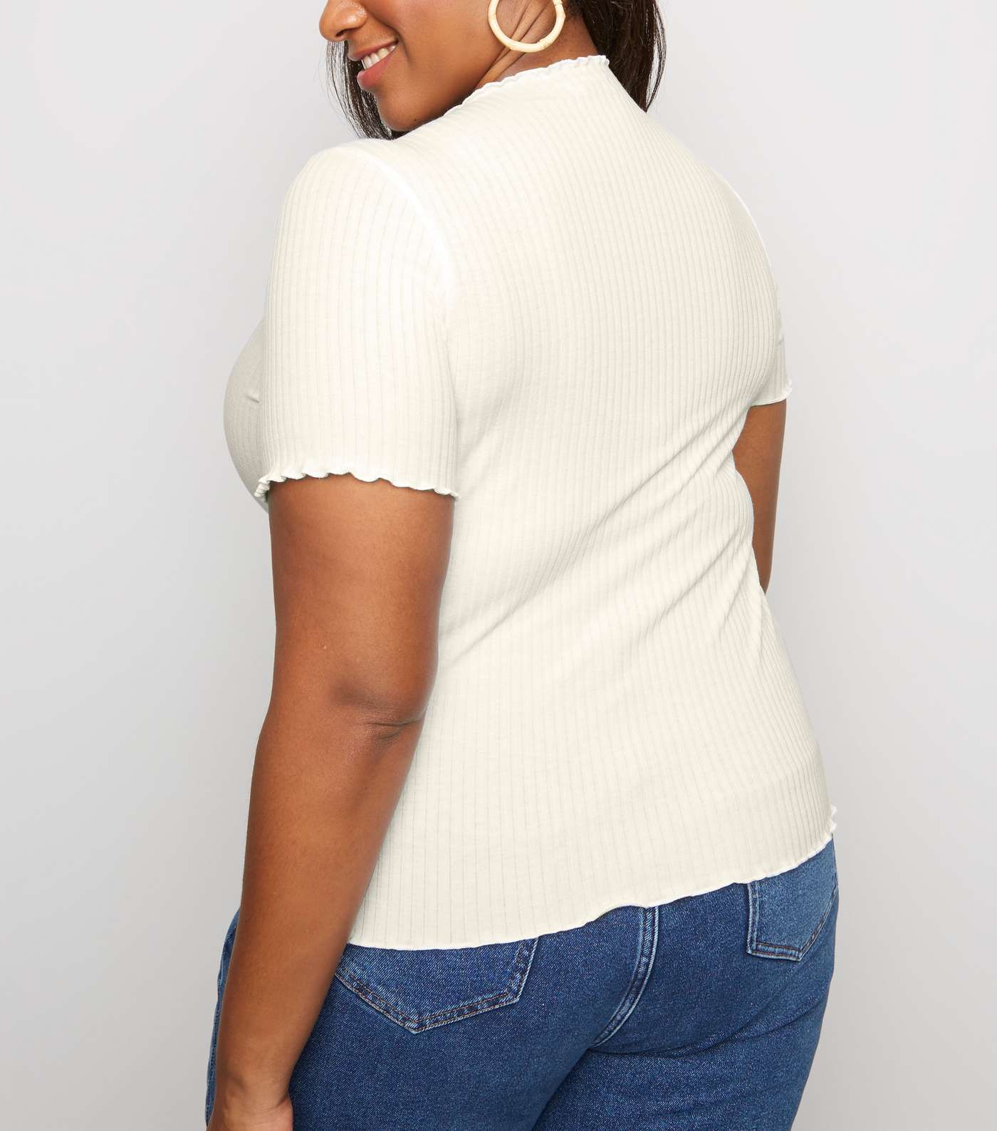 Curves Off White Ribbed Frill Trim T-Shirt  Image 3