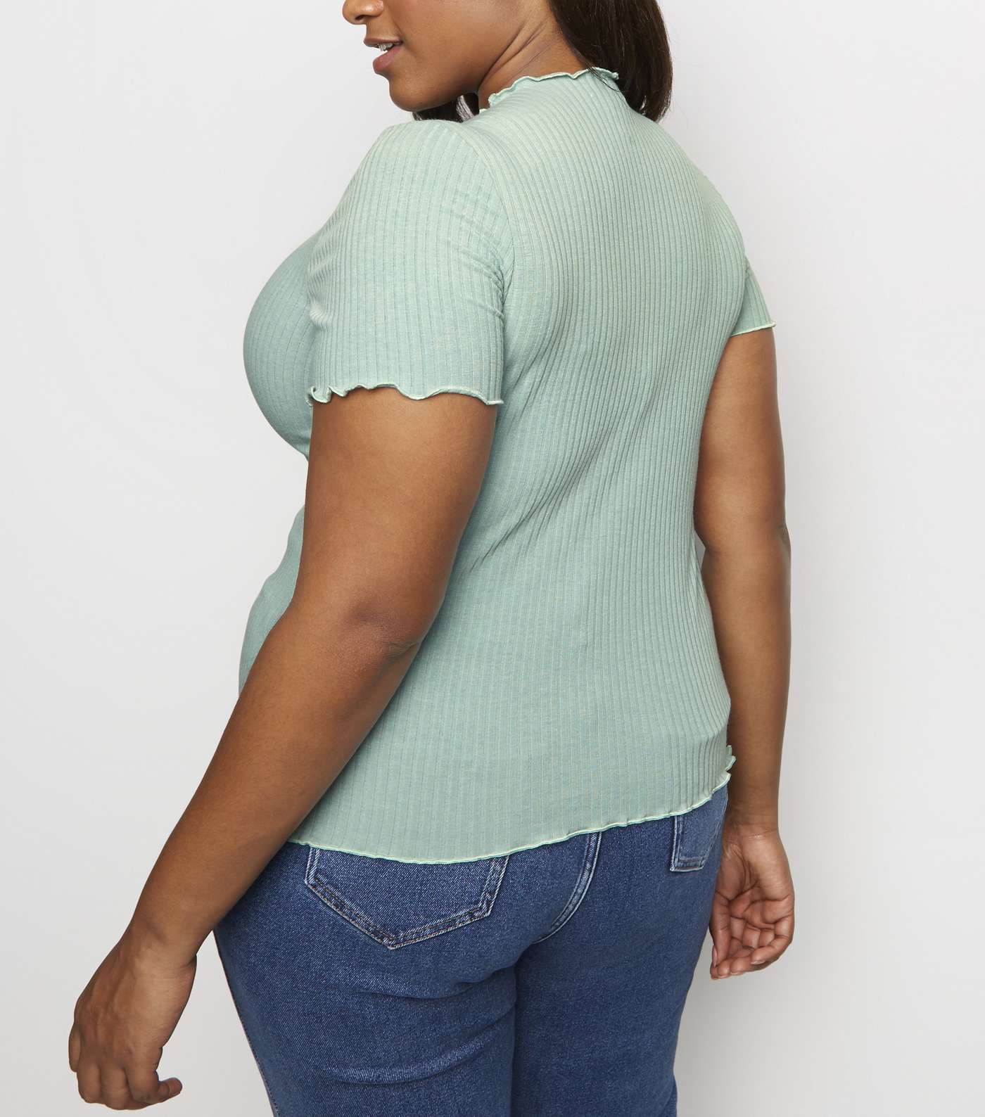 Curves Mint Green Ribbed Frill Trim T-Shirt  Image 3