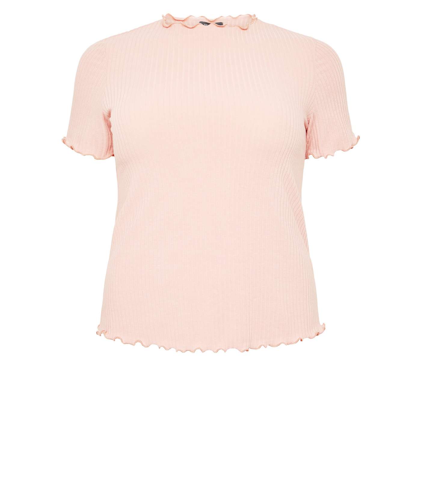 Curves Pale Pink Ribbed Frill Trim T-Shirt Image 4