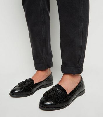 Black Faux Croc Tassel Loafers | New Look