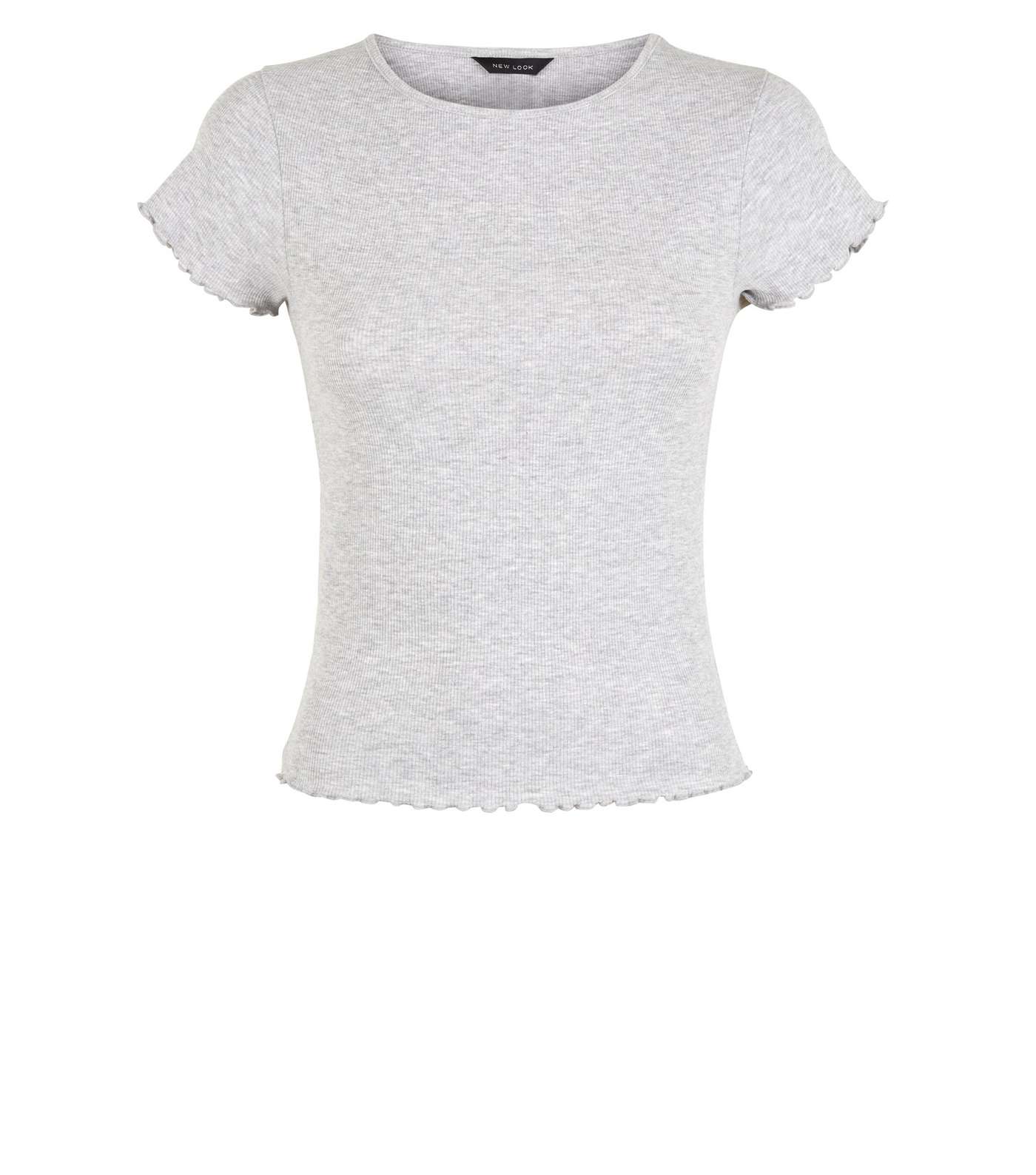 Grey Marl Ribbed Frill Trim Crop T-Shirt Image 4