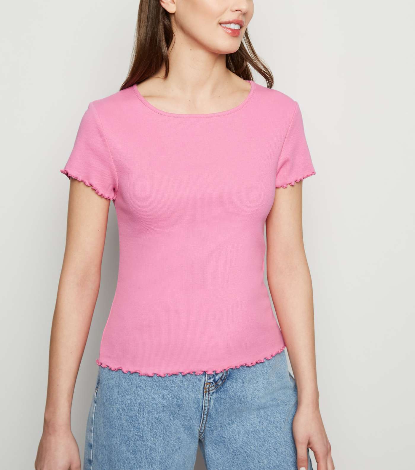 Bright Pink Ribbed Frill Trim Crop T-Shirt
