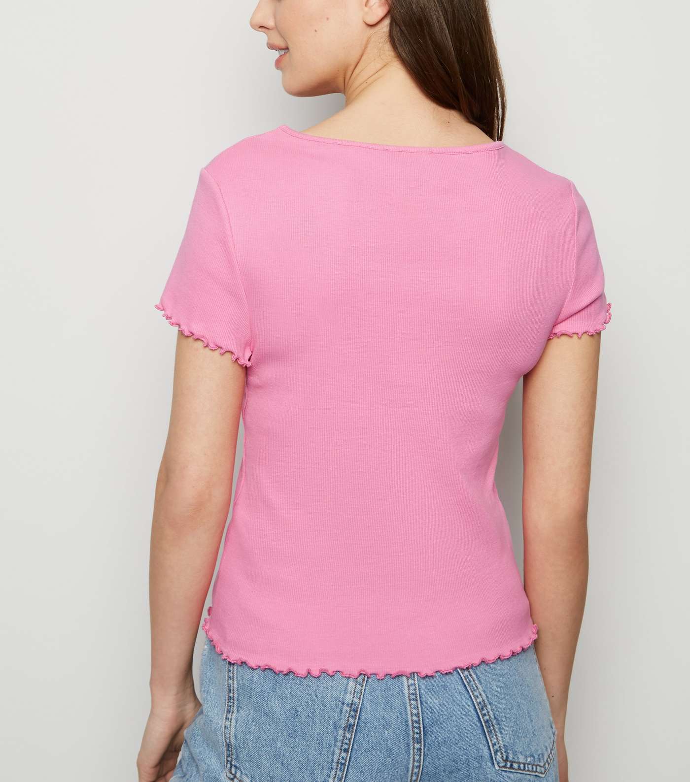 Bright Pink Ribbed Frill Trim Crop T-Shirt Image 3