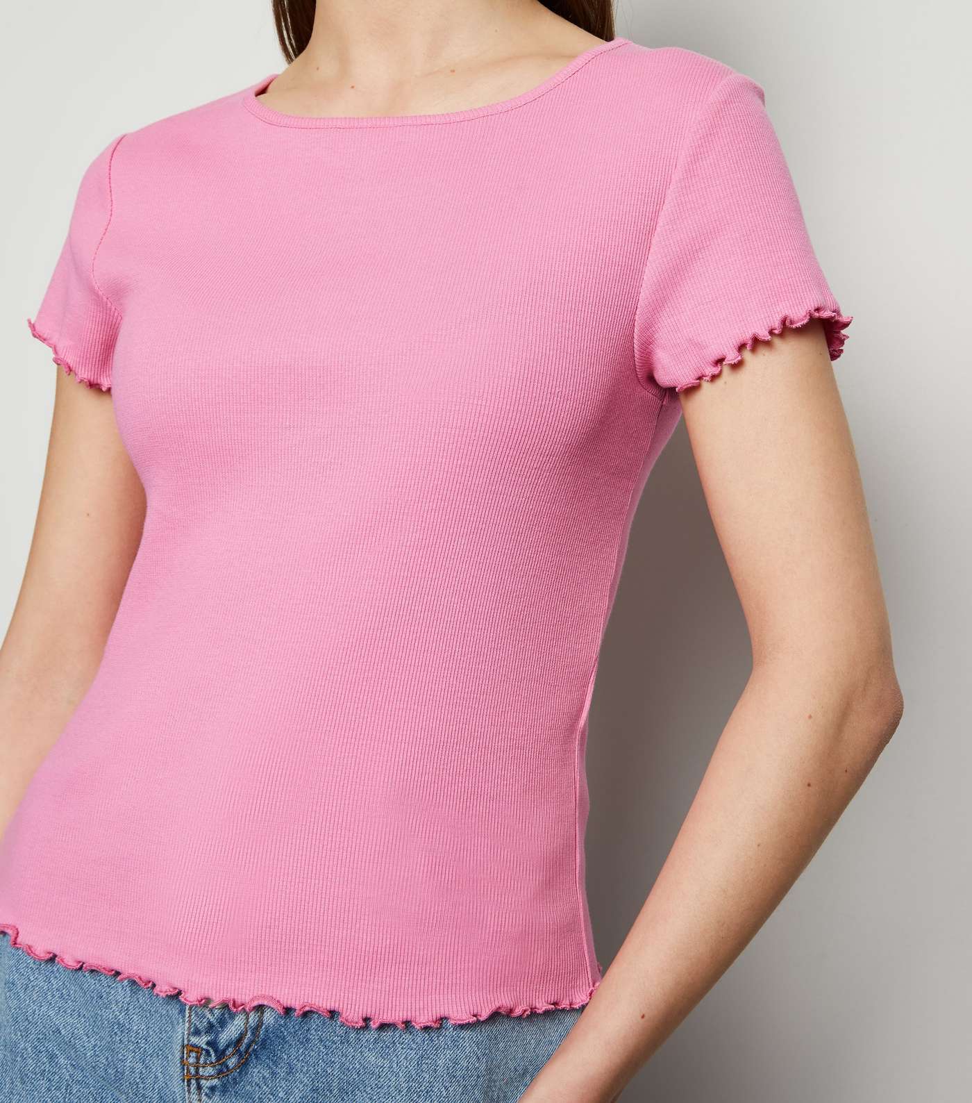 Bright Pink Ribbed Frill Trim Crop T-Shirt Image 5