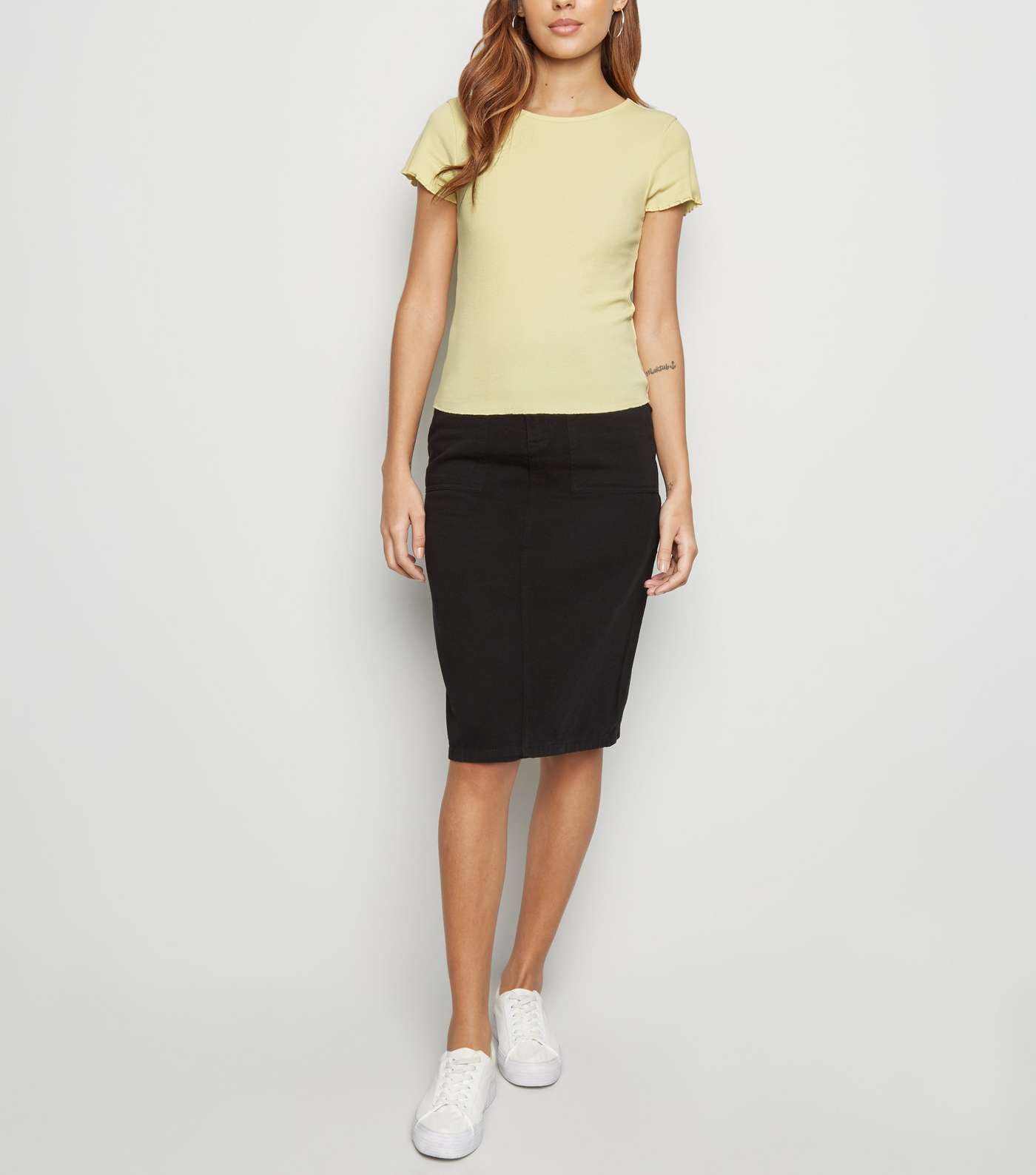 Pale Yellow Ribbed Frill Trim Crop T-Shirt Image 2