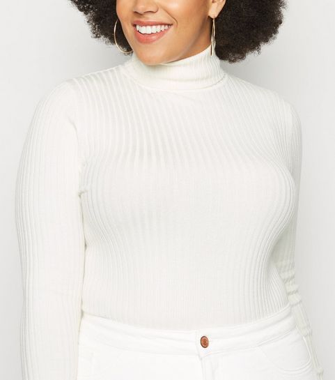 Curves Off White Ribbed Roll Neck Jumper