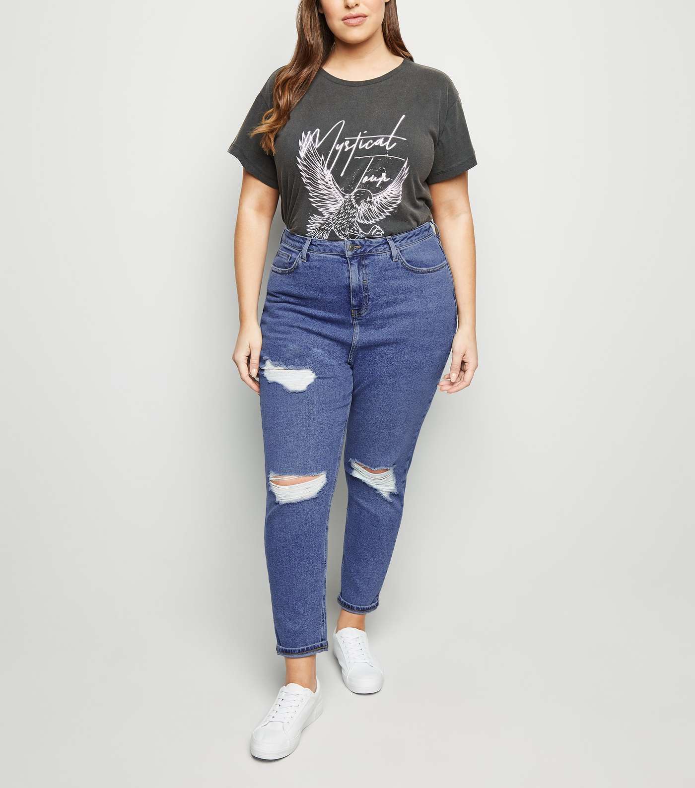 Curves Blue Ripped Slim Mom Jeans