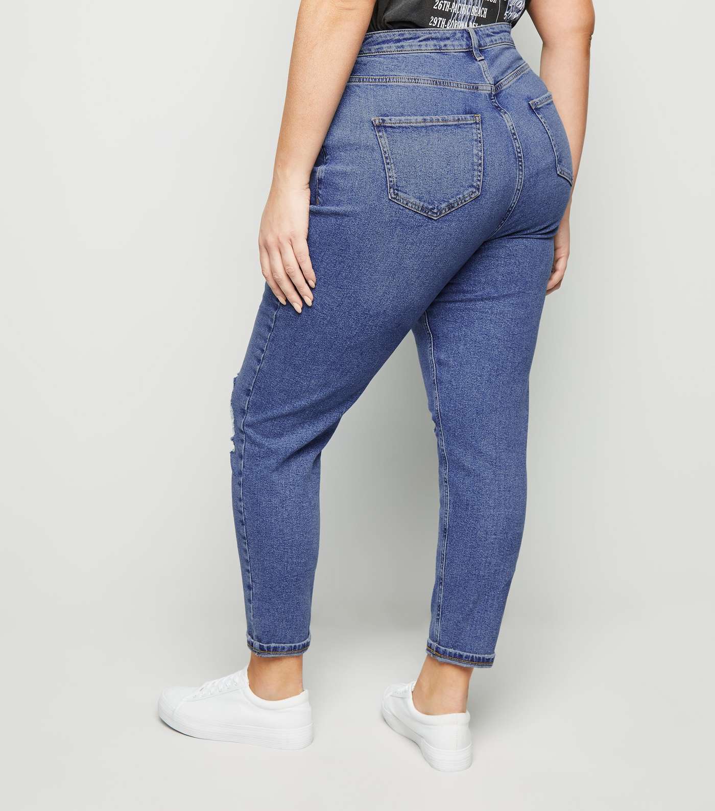 Curves Blue Ripped Slim Mom Jeans Image 3