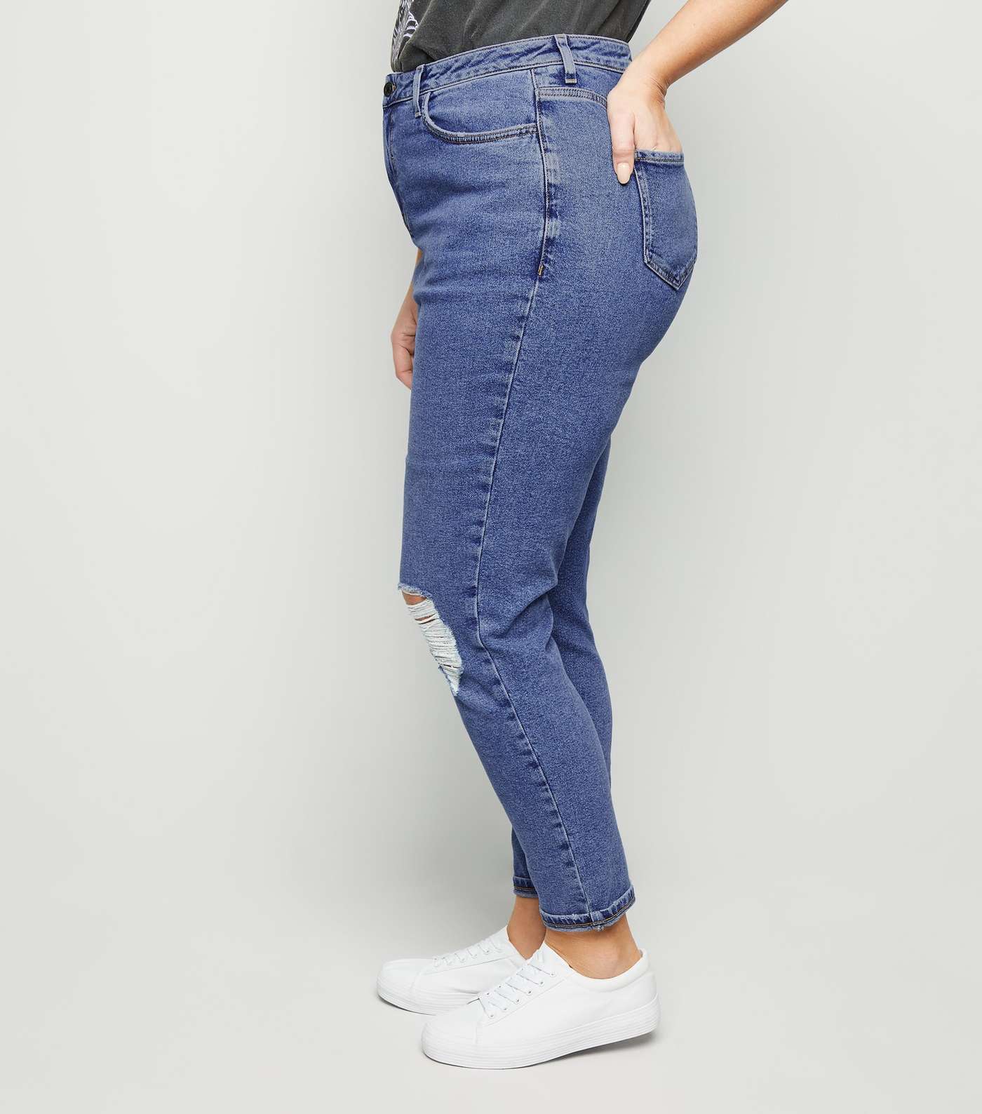 Curves Blue Ripped Slim Mom Jeans Image 5