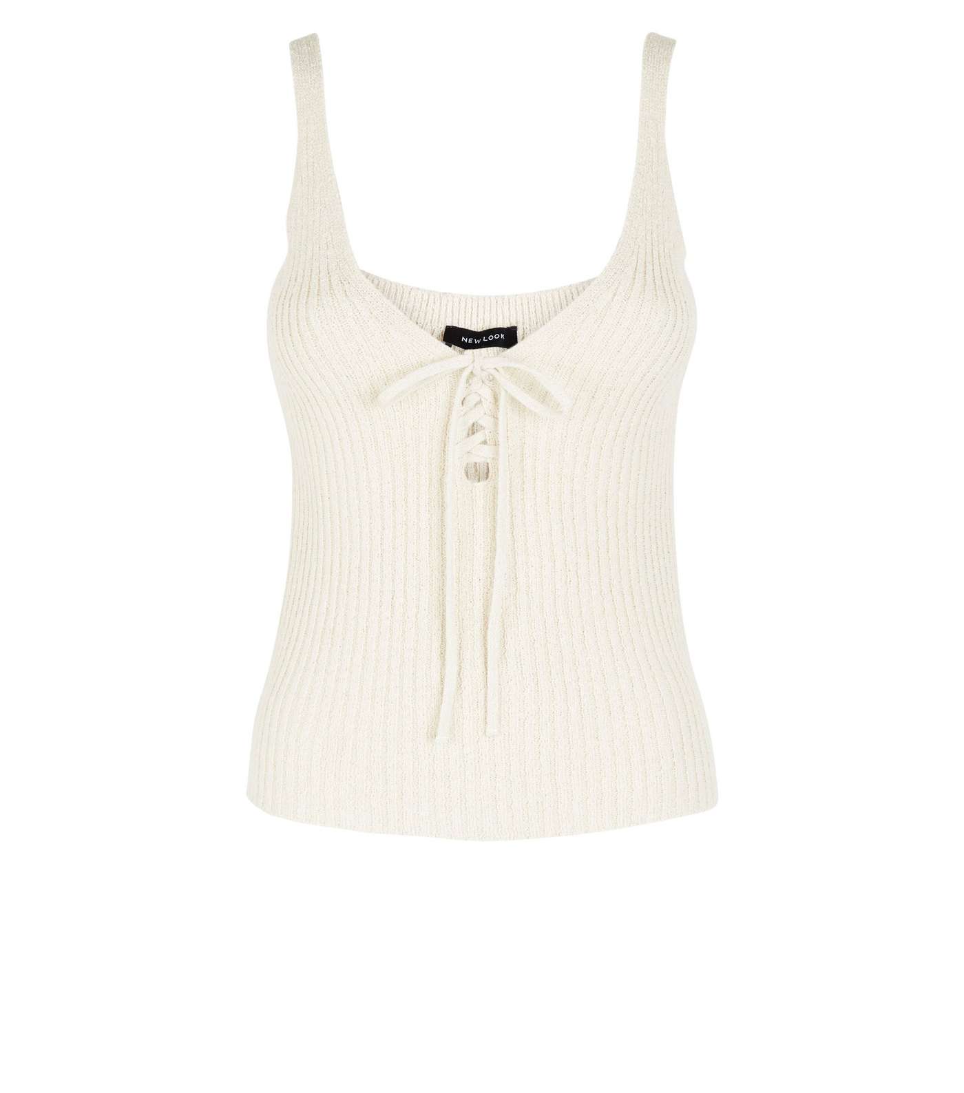 Cream Ribbed Knit Lace Up Vest Image 4
