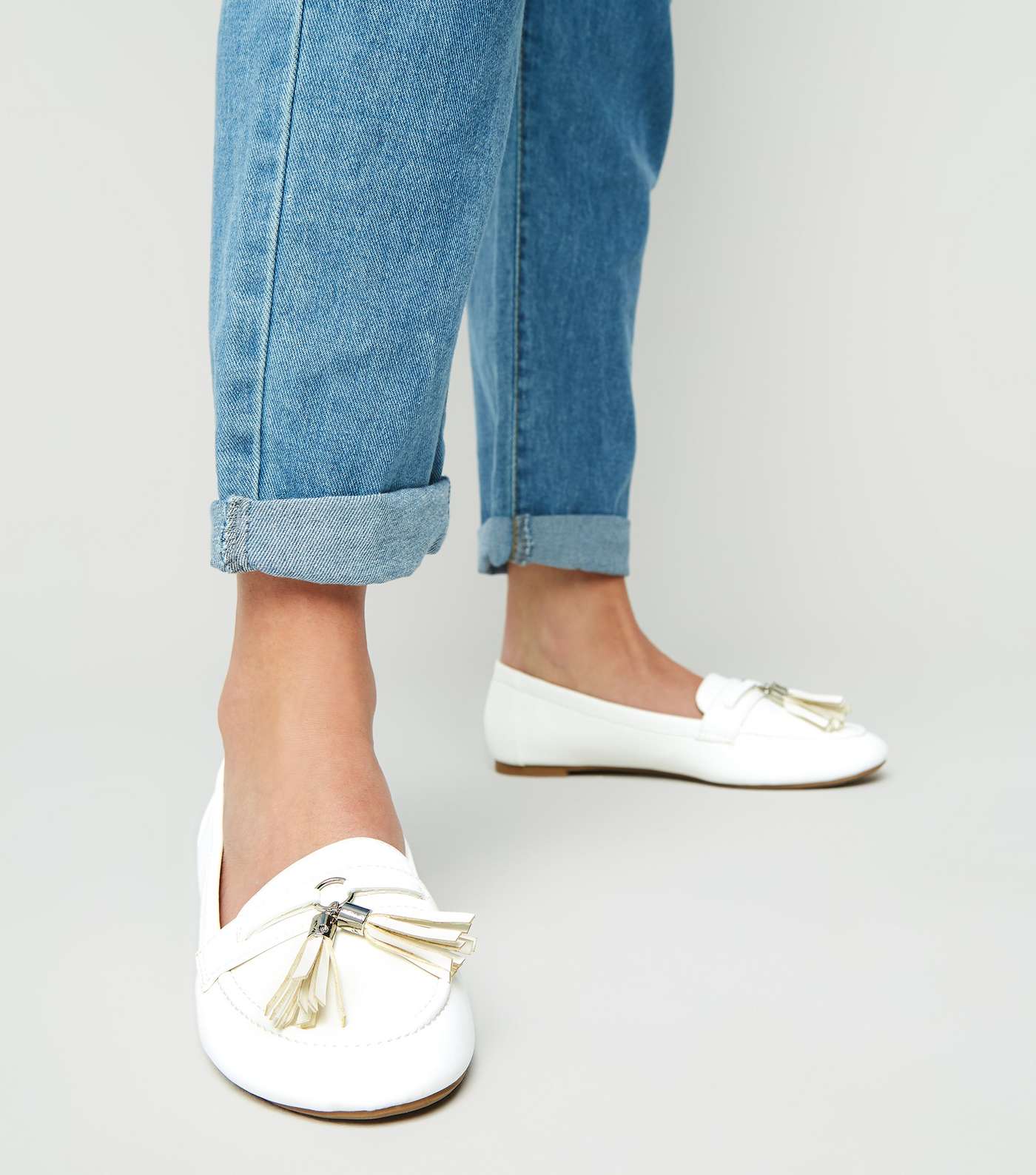 Wide Fit White Tassel Trim Loafers Image 2