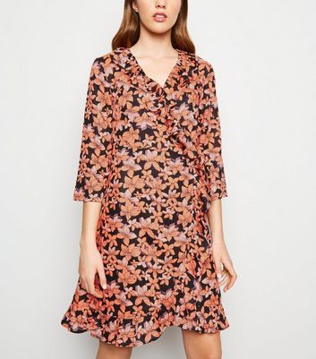 Image of Blue Vanilla Orange Floral Frill Wrap Dress New Look
