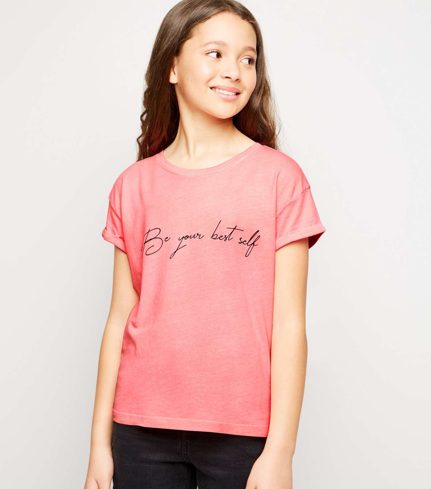 Girls Bright Pink Be Your Best Self Slogan T-Shirt