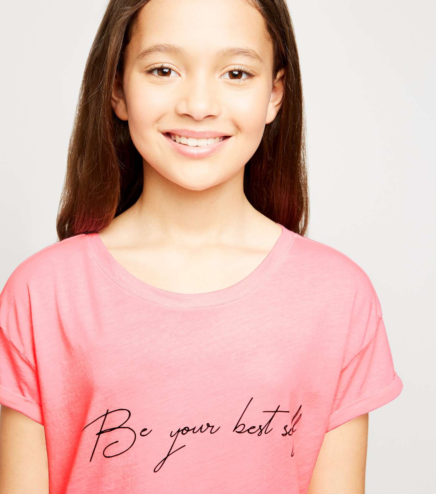 Girls Bright Pink Be Your Best Self Slogan T-Shirt Image 3