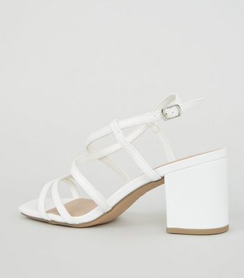 white mid block heels