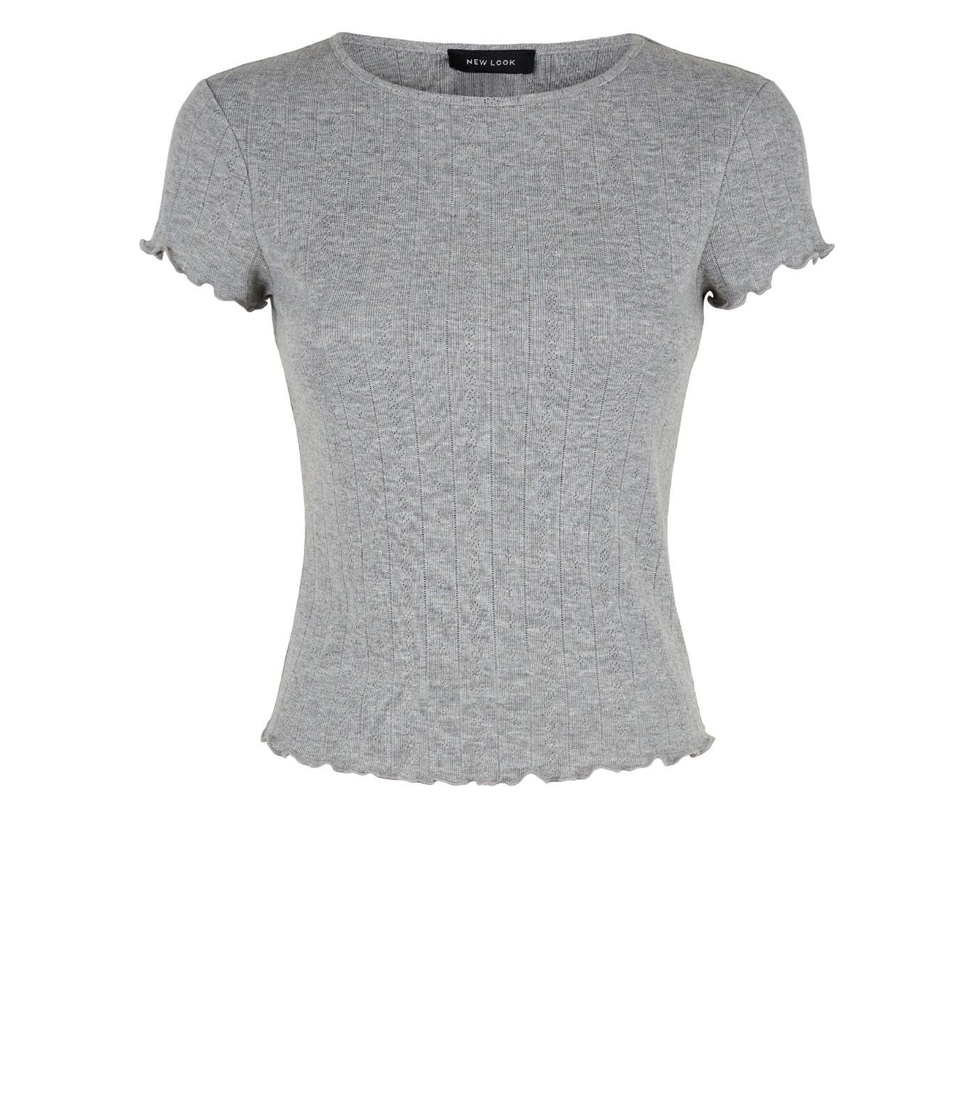 Grey Marl Pointelle Frill Trim T-Shirt Image 4