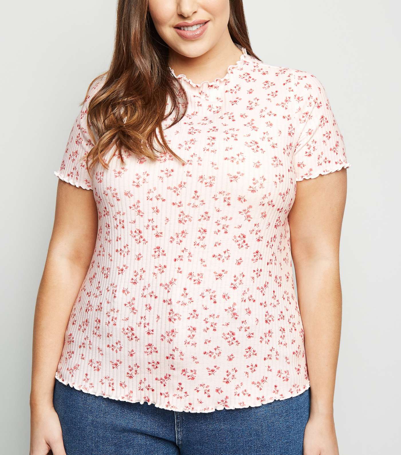 Curves White Ditsy Floral Frill Trim Top