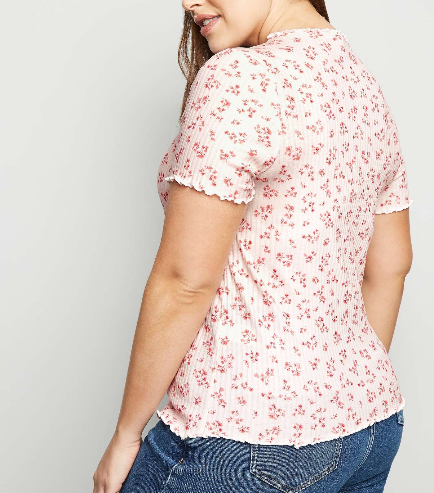 Curves White Ditsy Floral Frill Trim Top Image 3