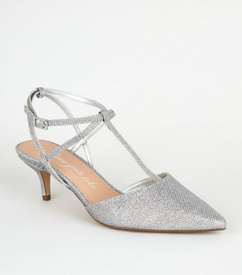 silver glitter kitten heel shoes