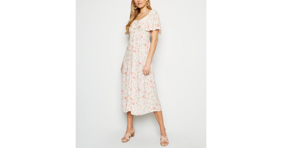 White Floral Button Up Midi Milkmaid Dress | New Look