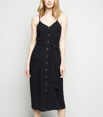 Black Linen-Look Belted Midi Dress | New Look