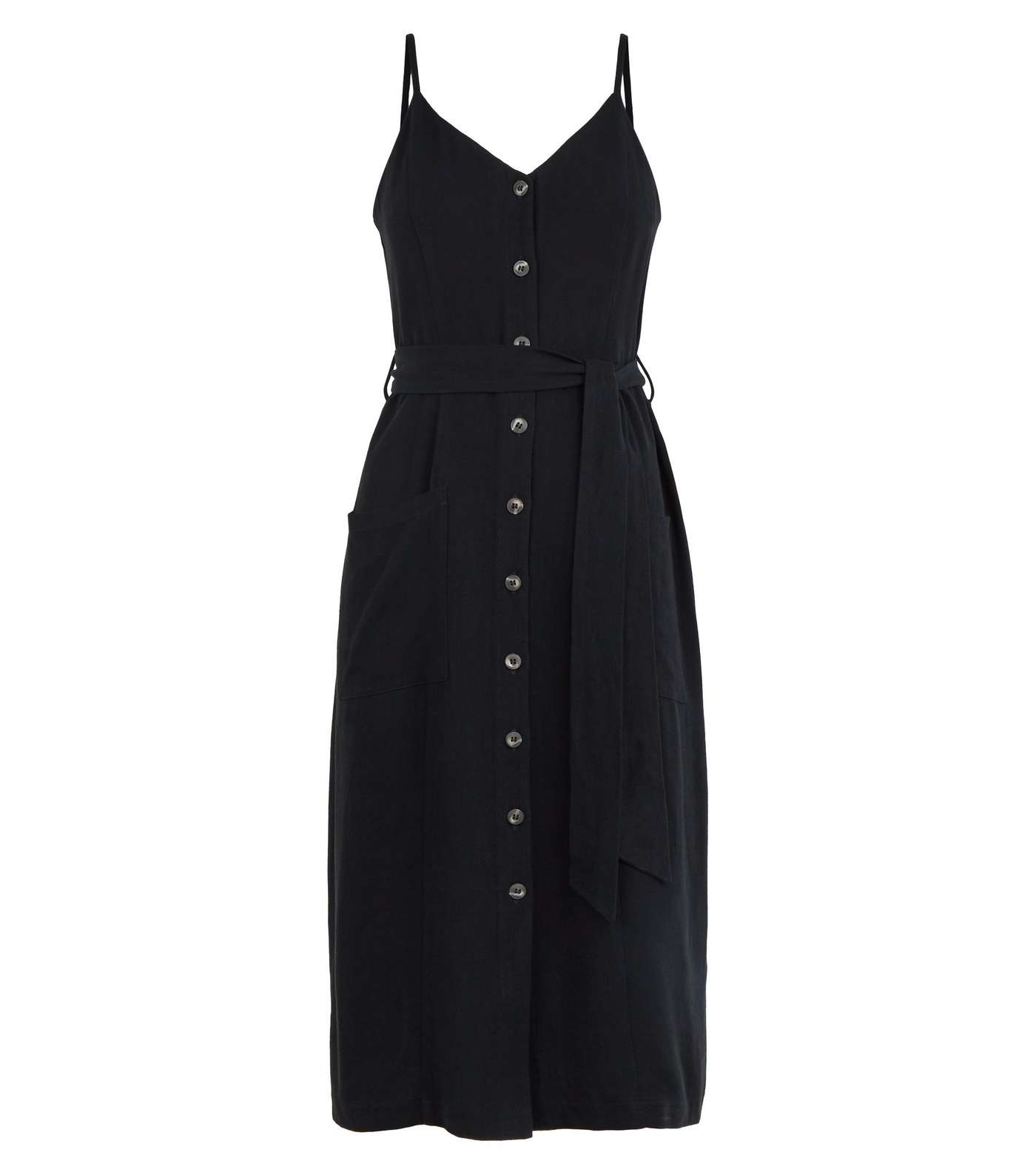 Black Linen-Look Belted Midi Dress Image 4