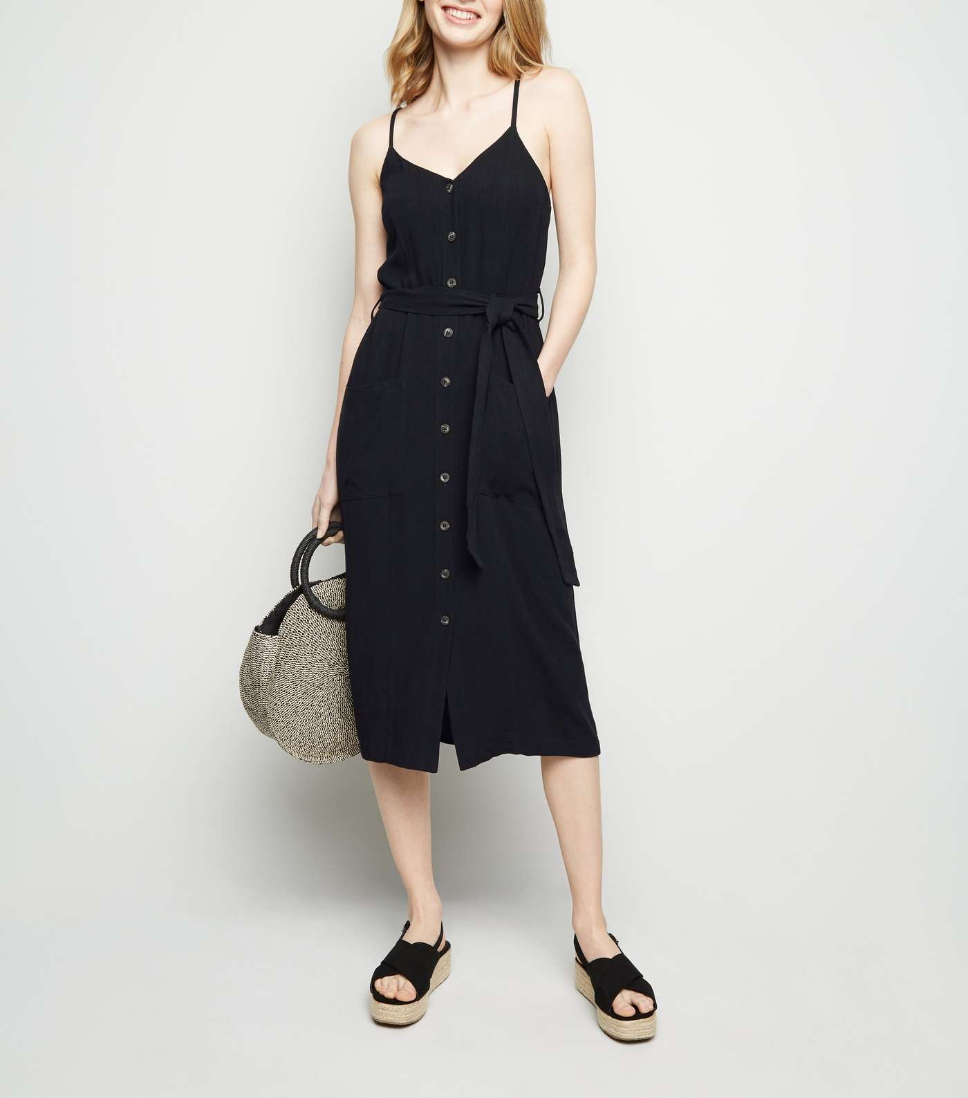 Black Linen-Look Belted Midi Dress Image 2