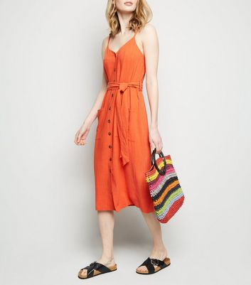 Orange Linen-Look Belted Midi Dress | New Look