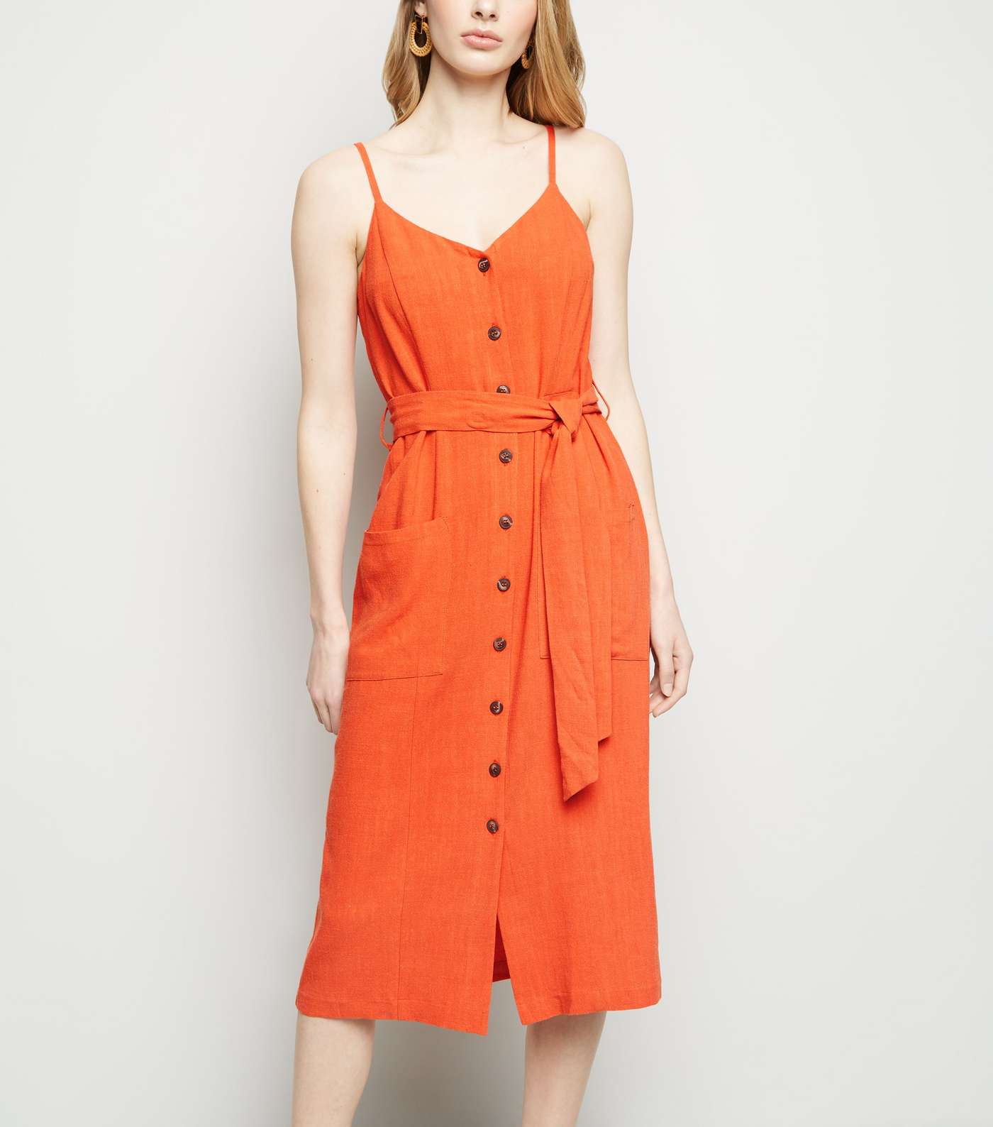 Orange Linen-Look Belted Midi Dress Image 2