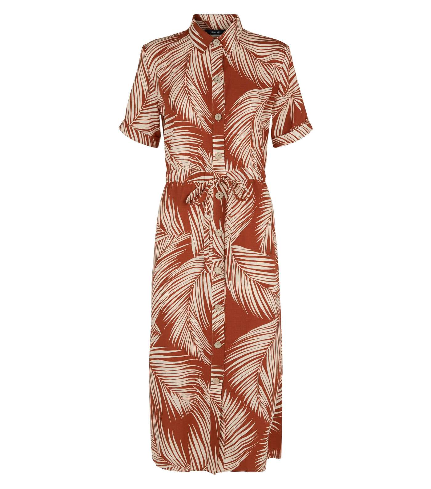 Brown Palm Print Tie Waist Midi Dress Image 4