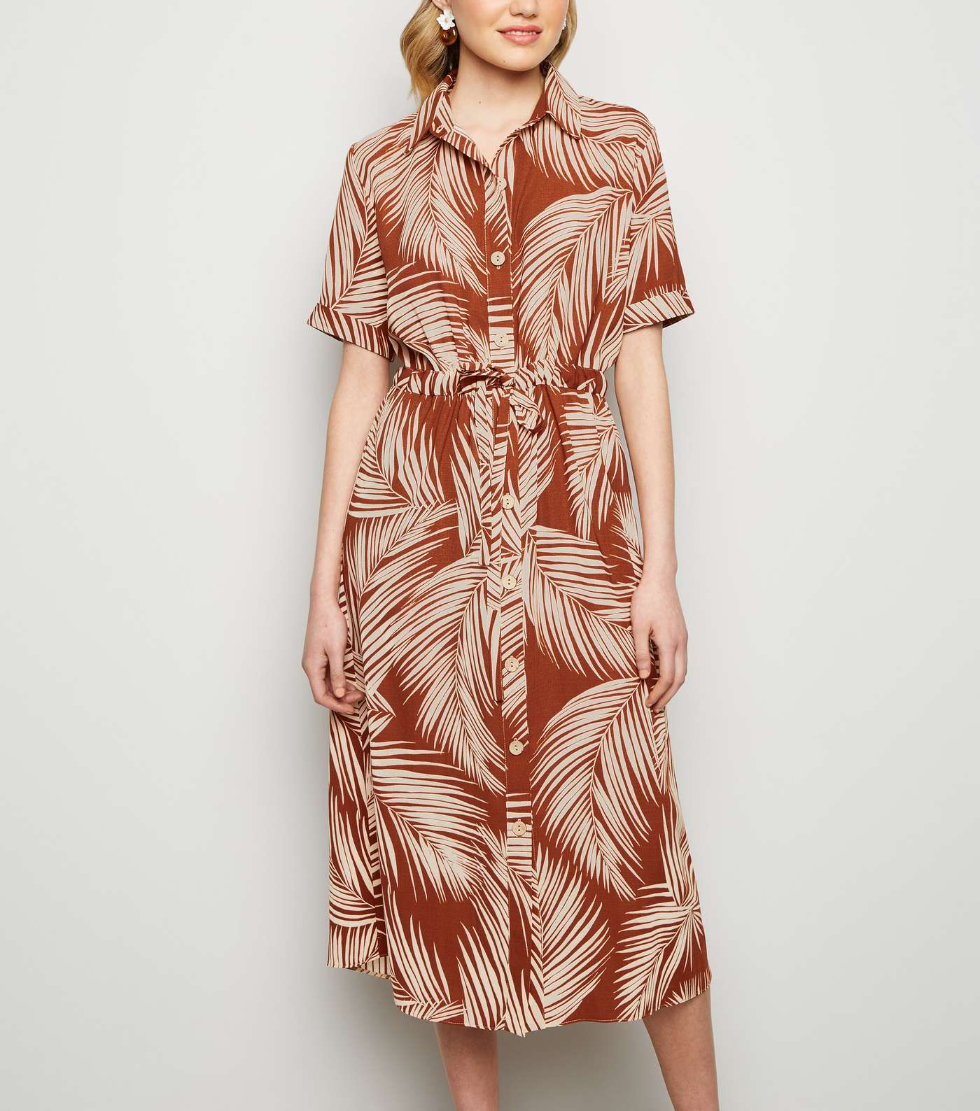 Brown Palm Print Tie Waist Midi Dress Image 2