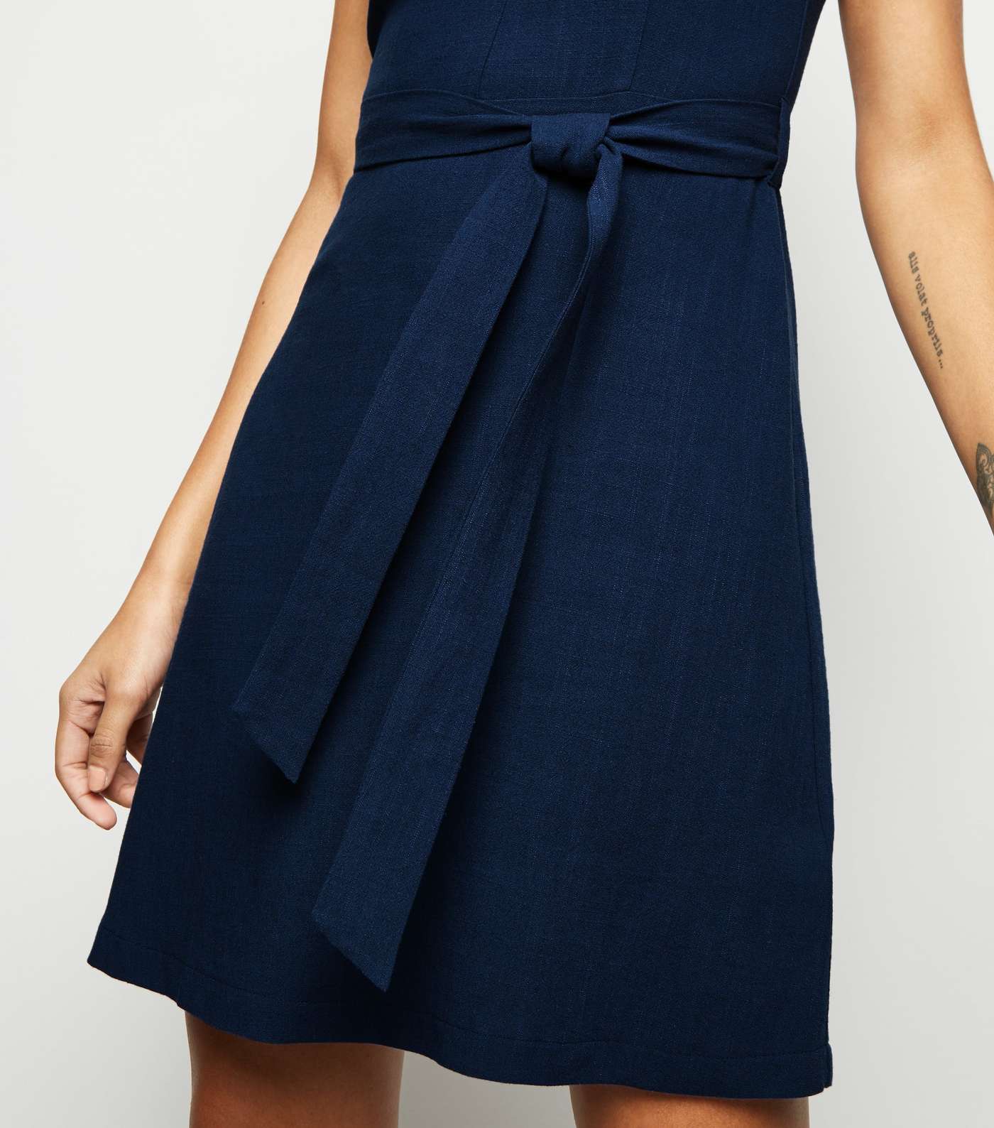 Navy Linen Look Belted Pinafore Dress Image 5