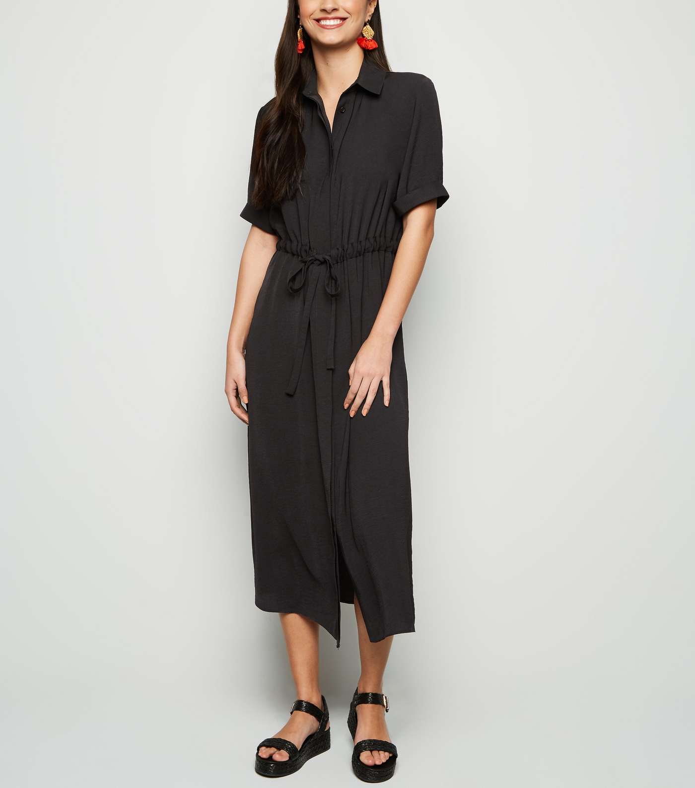 Black Drawstring Waist Midi Shirt Dress