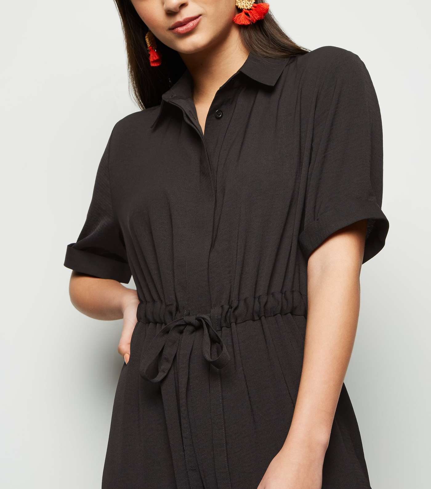 Black Drawstring Waist Midi Shirt Dress Image 3