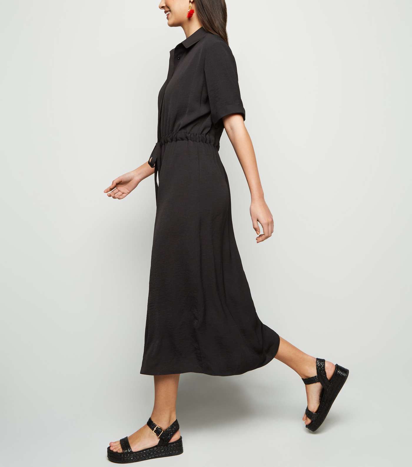 Black Drawstring Waist Midi Shirt Dress Image 5